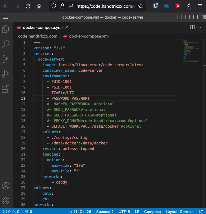 Visual Studio Code im Webinterface mit Docker und Caddy